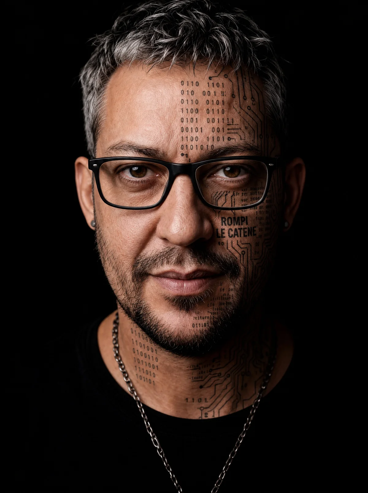 Ritratto creativo di Antonio Maniscalco con occhiali e dettagli digitali